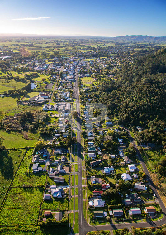 The main street of Te Aroha viewed from the air